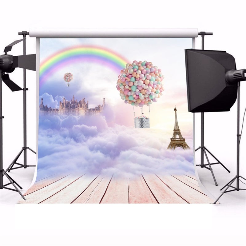 AOFOTO 6x6ft Pastel Rainbow Hot Air Balloon Backdrop for Photography Fantasy Castle Eiffel Tower Decor Clouds Wooden Floor Dreamy Paris Theme Background Baby Shower Kids Birthday Photo Shoot Props - Image 2